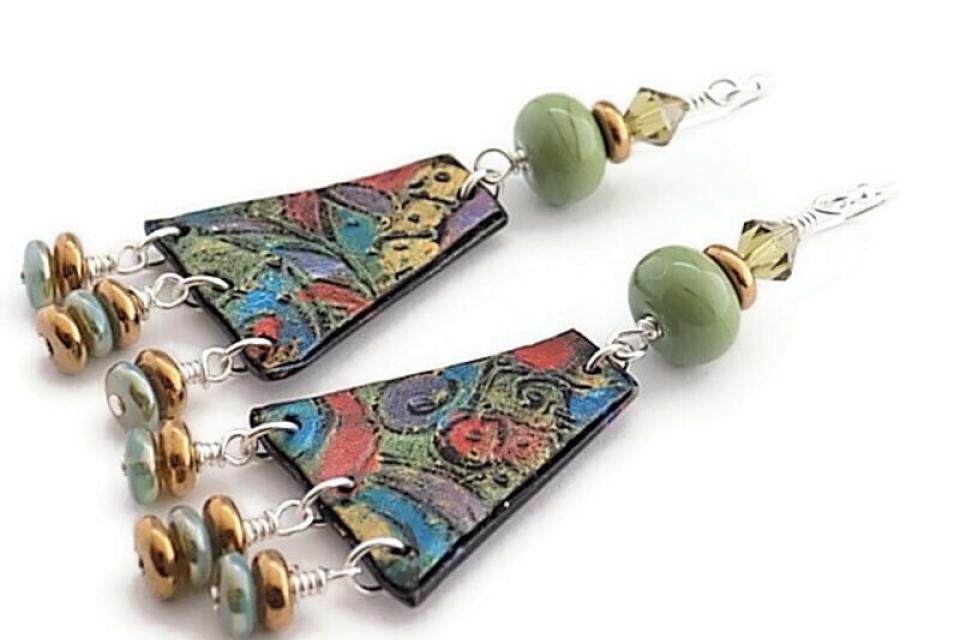 Tropical Earrings with Green Lampwork  and Crystal Beads, Handmade Jewelry