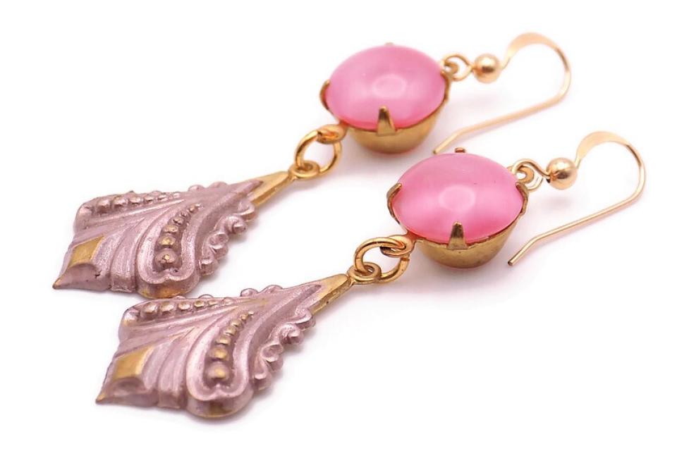  Vintage Pink Moonstone and Rose Gold Drop Earrings, Victorian Style Jewelry