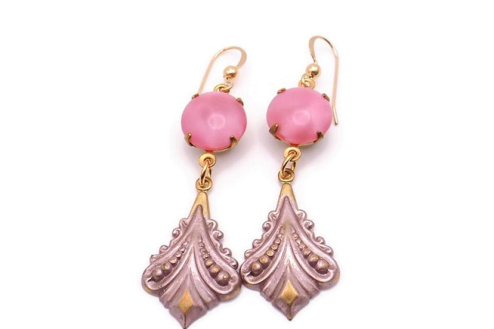  Vintage Pink Moonstone and Rose Gold Drop Earrings, Victorian Style Jewelry