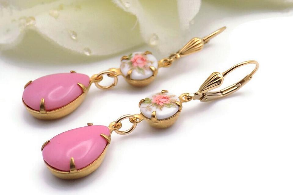 Pink Rose Teardrop Earrings, Art Deco Handmade Jewelry