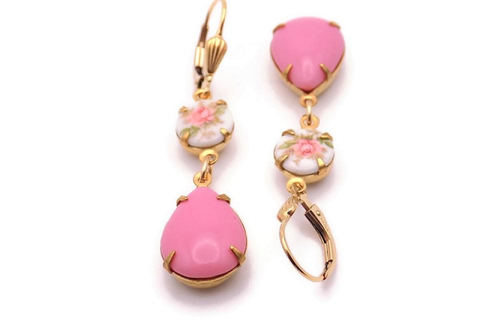Pink Rose Teardrop Earrings, Art Deco Handmade Jewelry