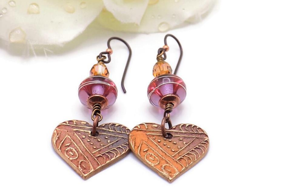 Pink Copper Bronze Heart Earrings, Handmade Valentine Jewelry
