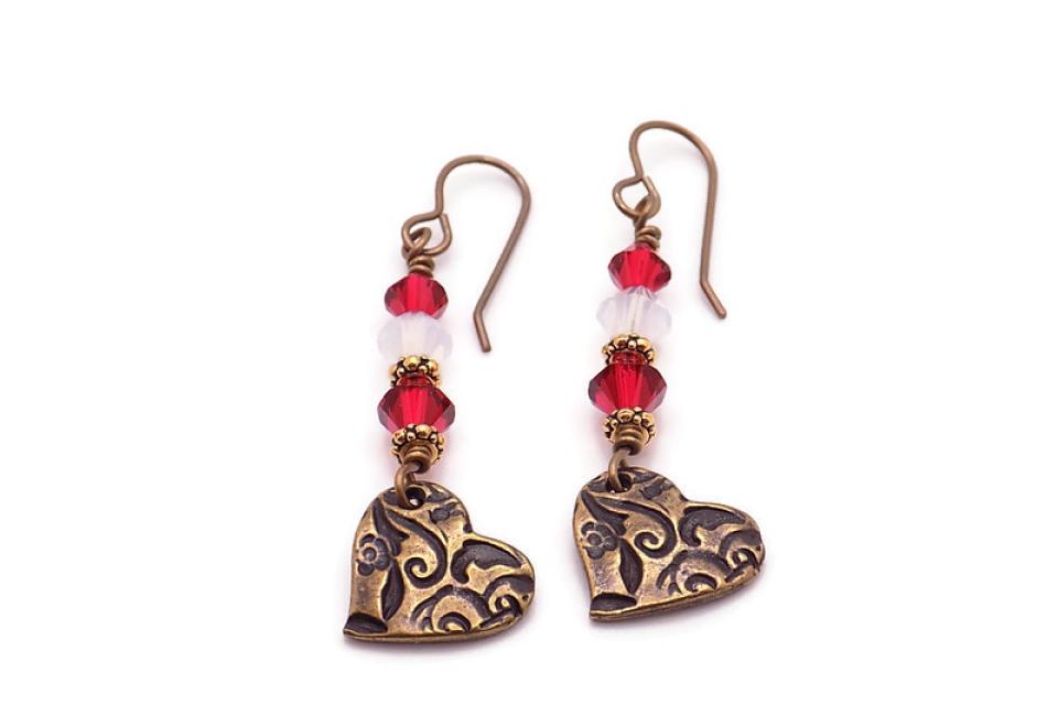 Red, White Tierra-Cast Heart Earrings, Handmade Bohemian Valentines Jewelry