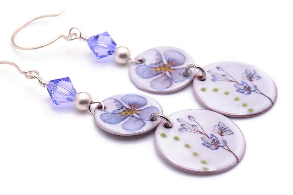 Periwinkle Blue Enamel Earrings with Swarovski Lavender Crystals, Handmade Jewelry