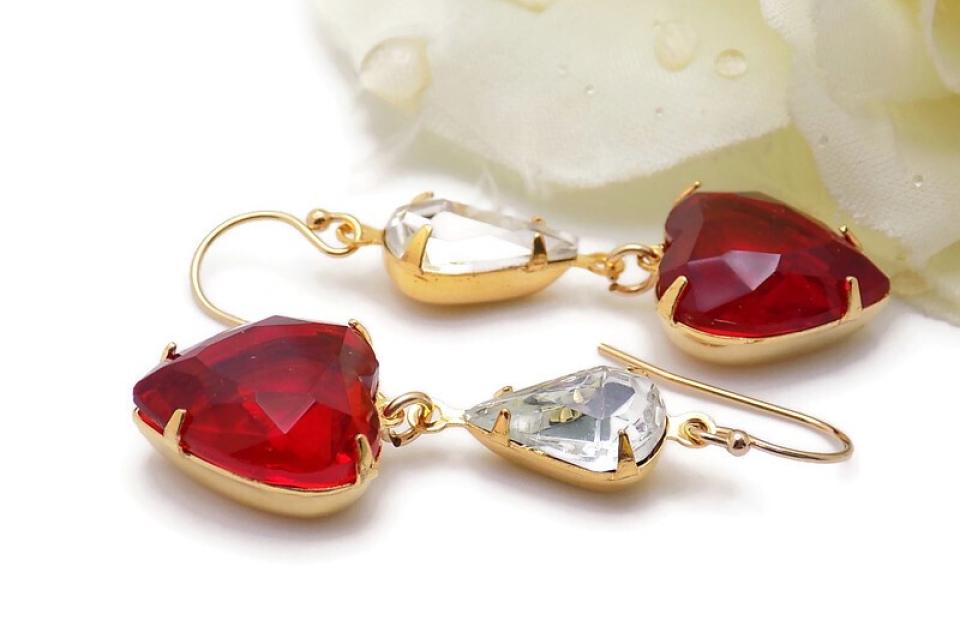 Ruby Red Crystal Heart Pendant Earrings, Valentines Jewelry Gift