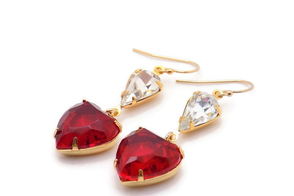 Ruby Red Crystal Heart Pendant Earrings, Valentines Jewelry Gift