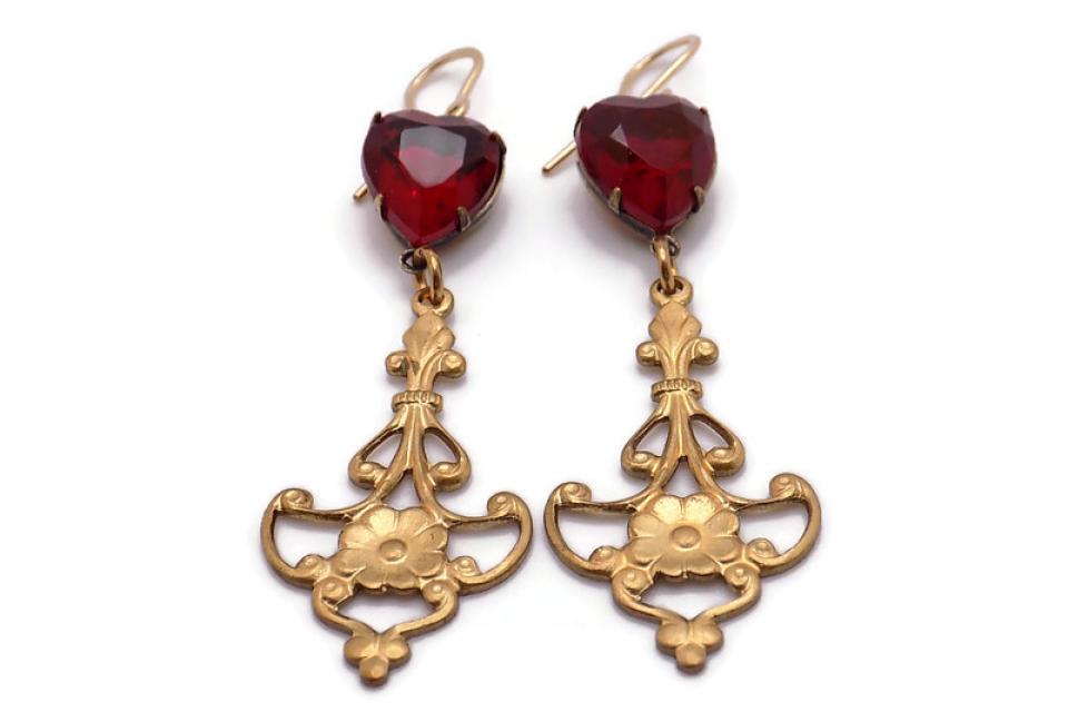 Art Deco Ruby Red Brass Earrings Handmade Heart Jewelry 