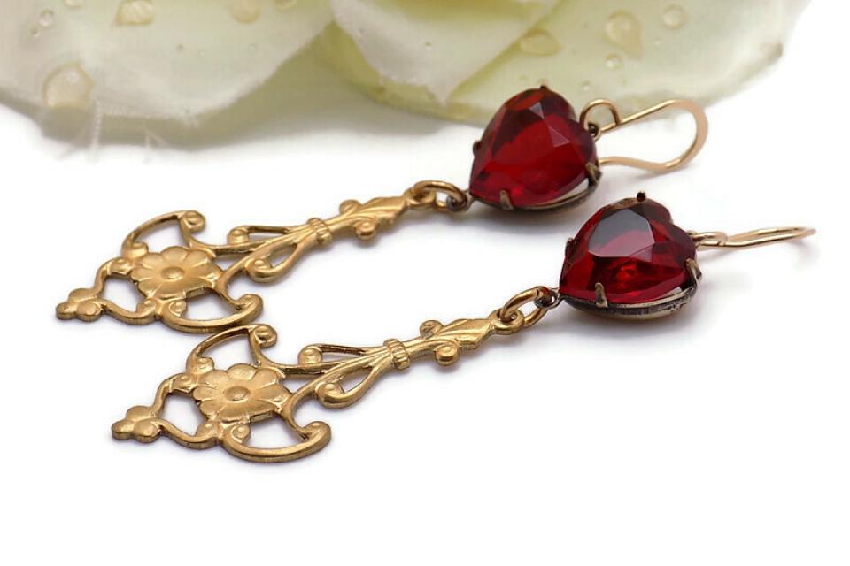 Art Deco Ruby Red Brass Earrings Handmade Heart Jewelry 