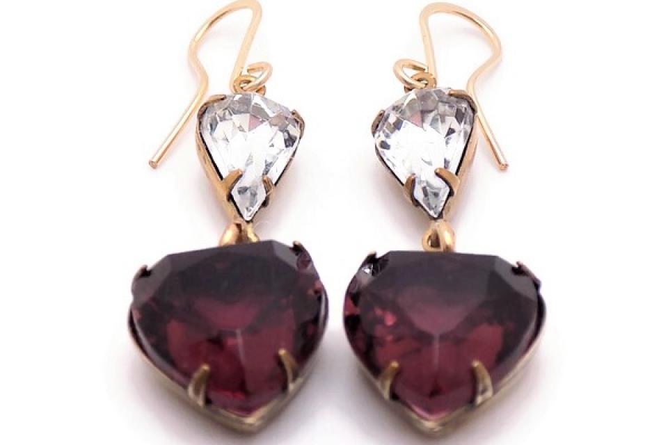 Amethyst Crystal Heart Earrings, Valentines Day Handmade Jewelry Gift  