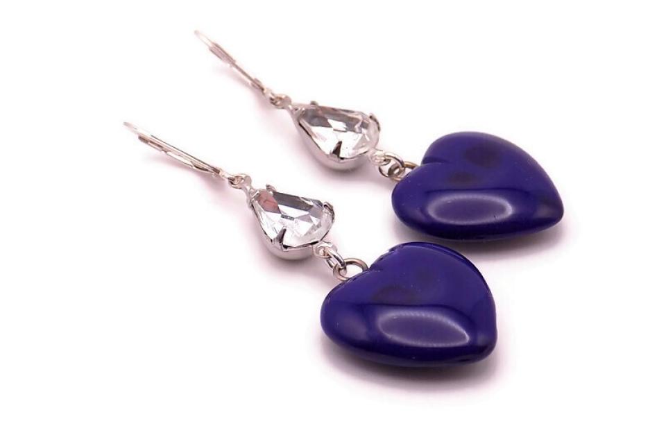 Navy Blue Heart Earrings,  Crystal Vintage Handmade Jewelry