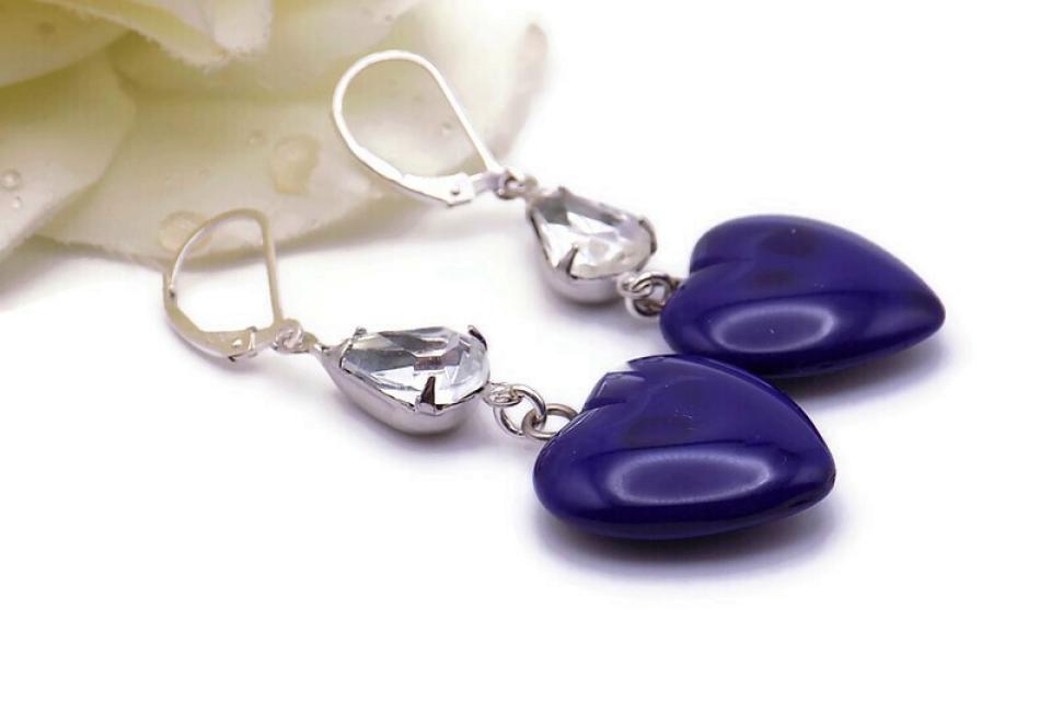 Navy Blue Heart Earrings,  Crystal Vintage Handmade Jewelry