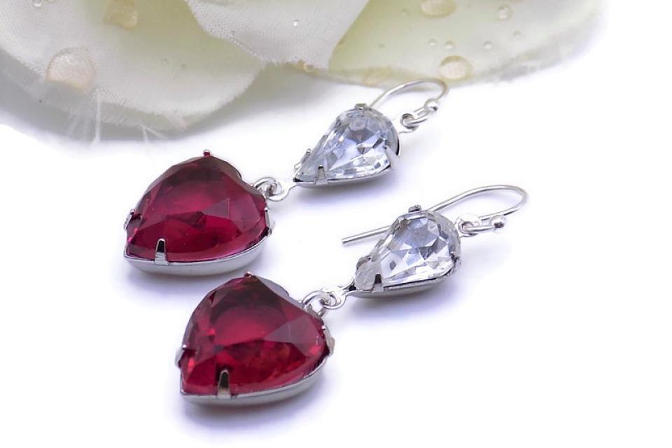 Rose Red Heart Pendant Earrings, Handmade Valentine's Gift