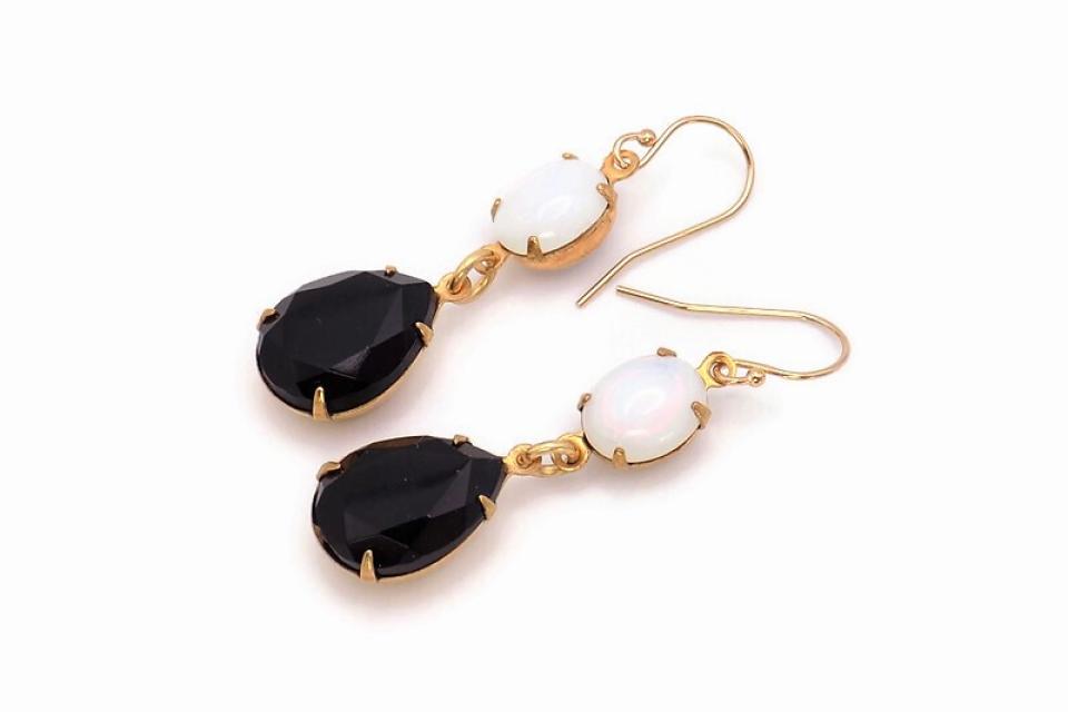 Black and White Teardrop Earrings, Vintage Crystal Handmade Jewelry