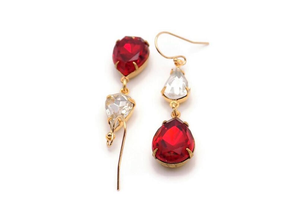 Elegant Ruby Teardrop Earrings, Red Gold Crystal Handmade Jewelry