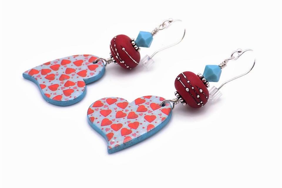 Red Hearts Earrings, Lampwork Crystals Lightweight Valentines Handmade Jewelry