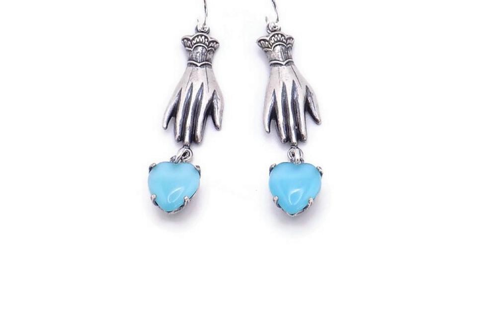 Victorian- Style Hand Earrings, Vintage Aqua Hearts Handmade Jewelry 
