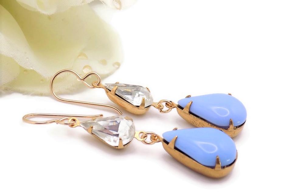 Light Blue Earrings, Vintage Crystal Teardrops Handmade Jewelry