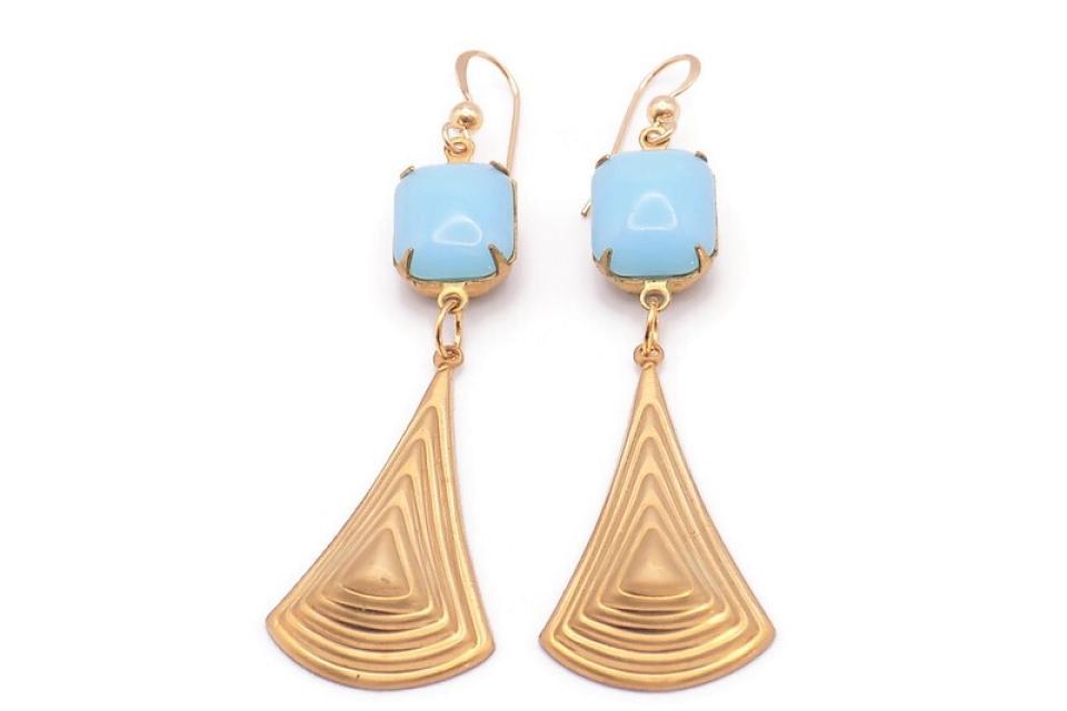 Art Deco Brass Pyramid Earrings with Calcedon Glass Stone, Dimensional Layered Triangle Dangles