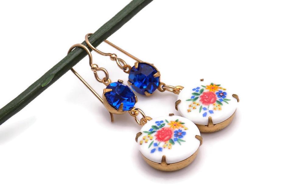 Vintage Floral Earrings with Sapphire Blue Rhinestones, Spring Summer Jewelry