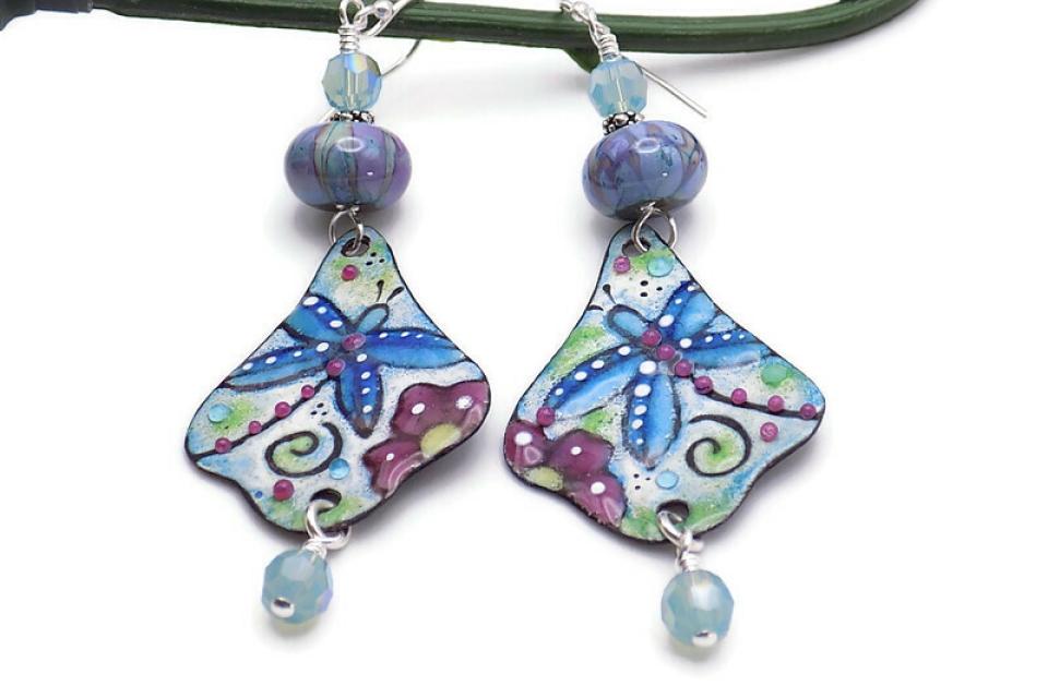 Luminous Flight Dragonfly Earrings, Lampwork Crystals Handmade Jewelry