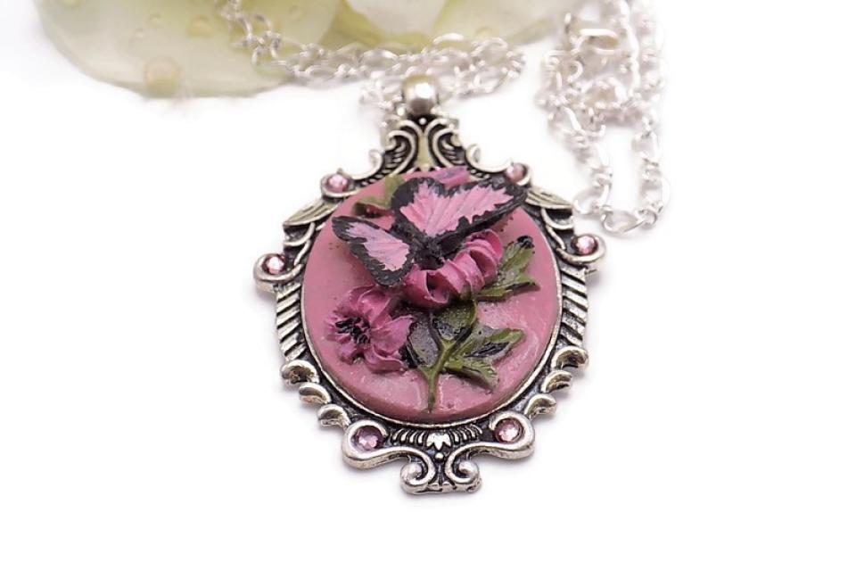 Pink Butterfly Cameo Necklace, Hand Painted Jewelry Gift