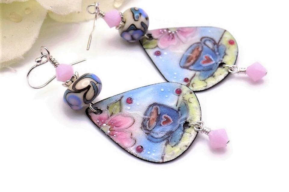 Teacup Earrings, Pink Blue Enamel Lampwork Mothers Day Gift