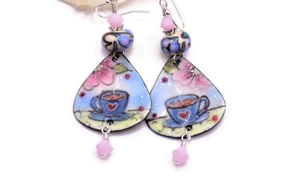 Teacup Enamel Earrings, Pink Blue Lampwork Handmade  Mothers Day Gift