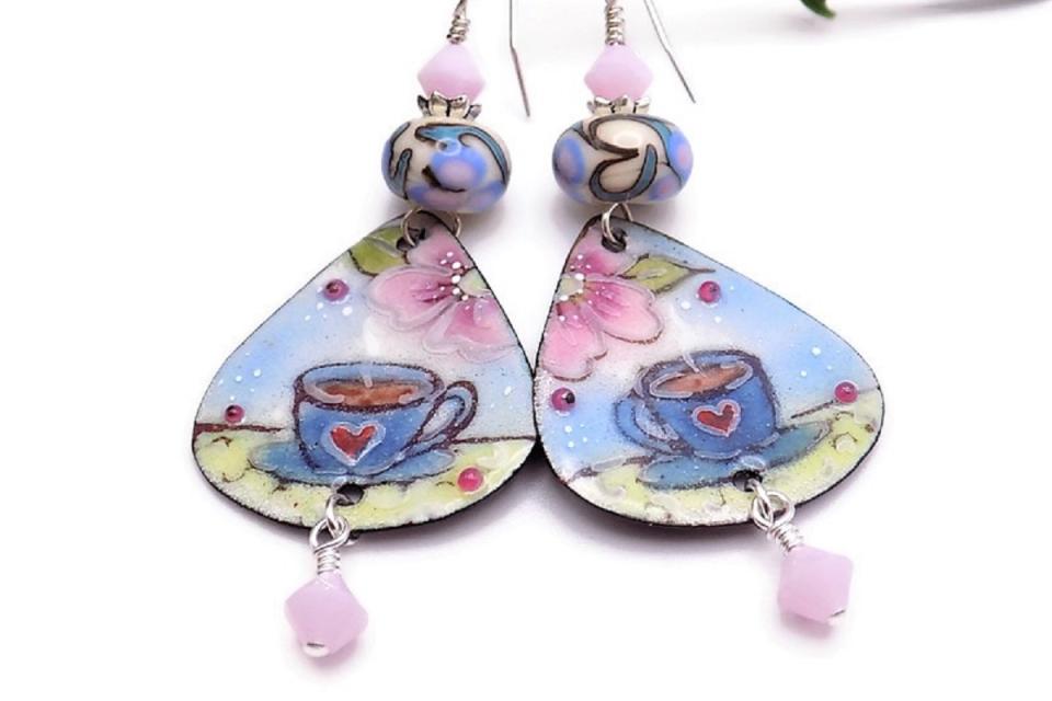 Teacup Earrings, Pink Blue Enamel Lampwork Mothers Day Gift