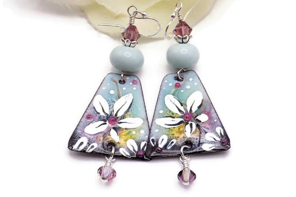 Floral Earrings, White Purple  Enamel Sage Lampwork Handmade Jewelry