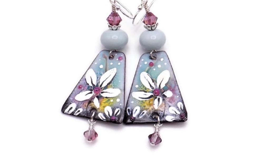 Floral Earrings, White Purple  Enamel Sage Lampwork Handmade Jewelry