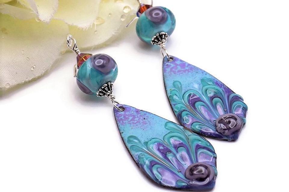 Floral Earrings, Purple Turquoise Enamel Artisan Handmade Jewelry
