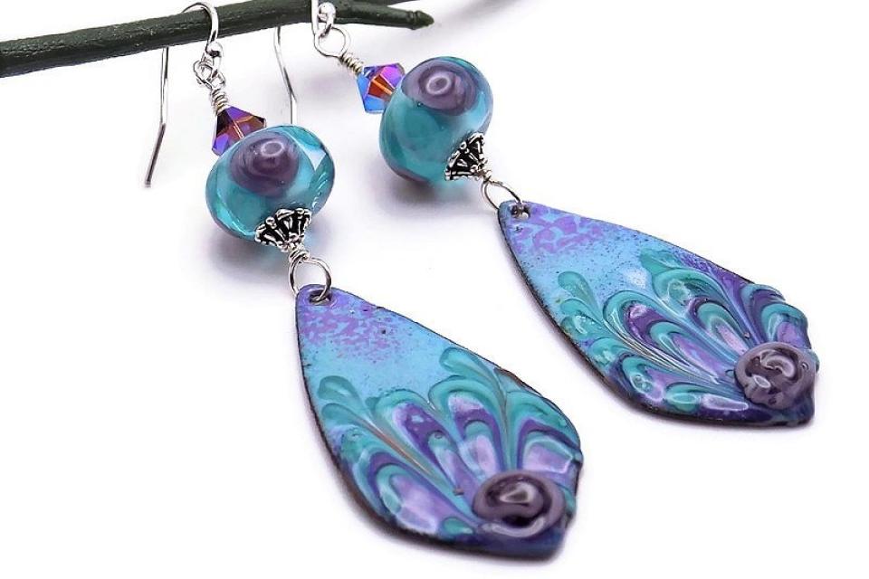 Floral Earrings, Purple Turquoise Enamel Artisan Handmade Jewelry