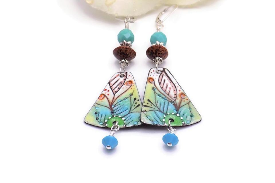 Artisan Turquoise Brown Enamel Earrings with Crystals and Wood, Handmade Jewelry Gift
