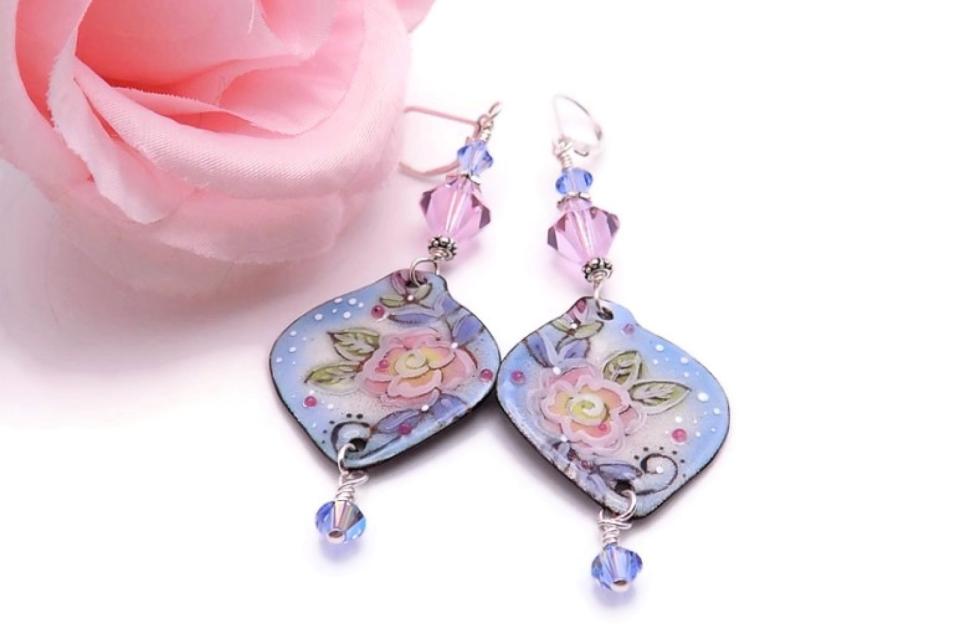 Artisan Pink Floral Earrings, Crystals Blue Enamel Romantic Handmade Jewelry