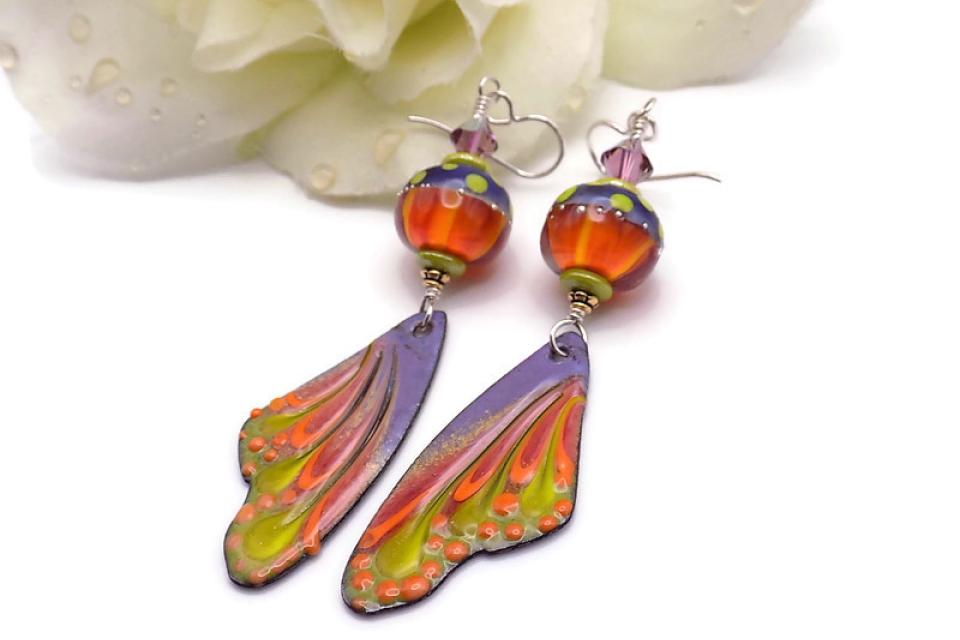 Butterfly Earrings, Purple Orange Lime Enamel Wings with Matching Lampwork Beads 