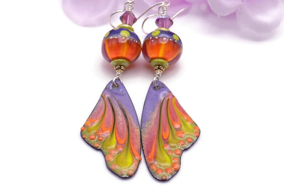 Butterfly Earrings, Purple Orange Lime Enamel Wings with Matching Lampwork Beads 