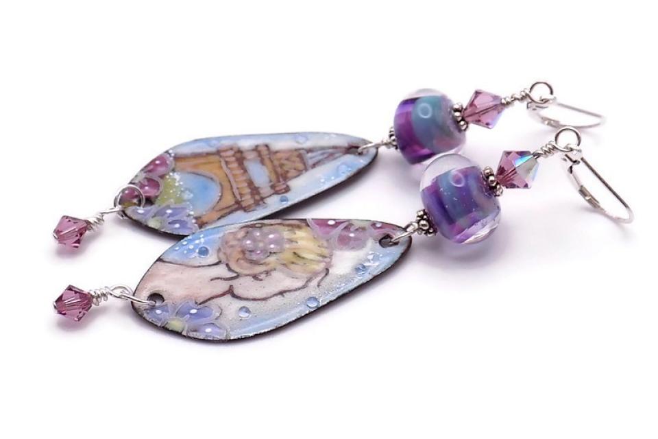 Lady and Eiffel Tower Earrings, Blue Purple Enamel Lampwork Romantic Jewelry
