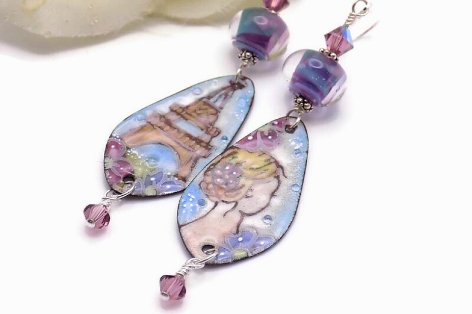 Lady and Eiffel Tower Earrings, Blue Purple Enamel Lampwork Romantic Jewelry