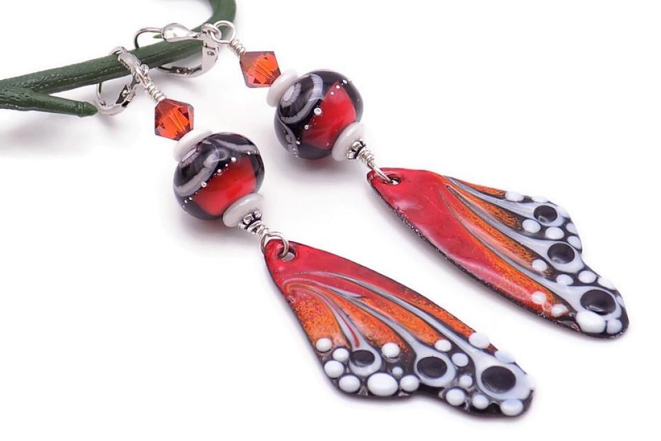 Colorful Monarch Butterfly Wing Earrings, Red Black White Enamels with Matching Lampwork Beads