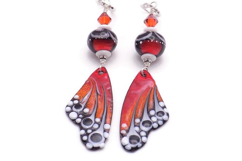Colorful Monarch Butterfly Wing Earrings, Red Black White Enamels with Matching Lampwork Beads