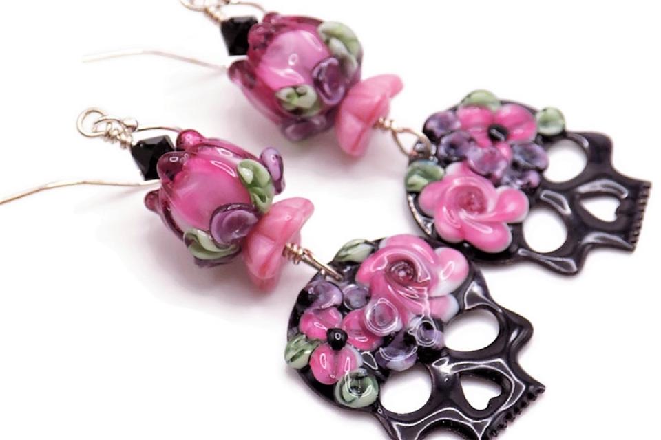 Sugar Skull Earrings, Floral Lampwork  Halloween Handmade Jewelry Gift