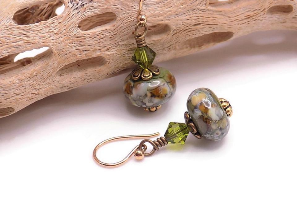 Earthy Artisan Lampwork Earrings Brass Olive Green Glass Bead Dangles Autumn Jewelry