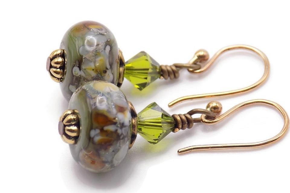 Earthy Artisan Lampwork Earrings Brass Olive Green Glass Bead Dangles Autumn Jewelry