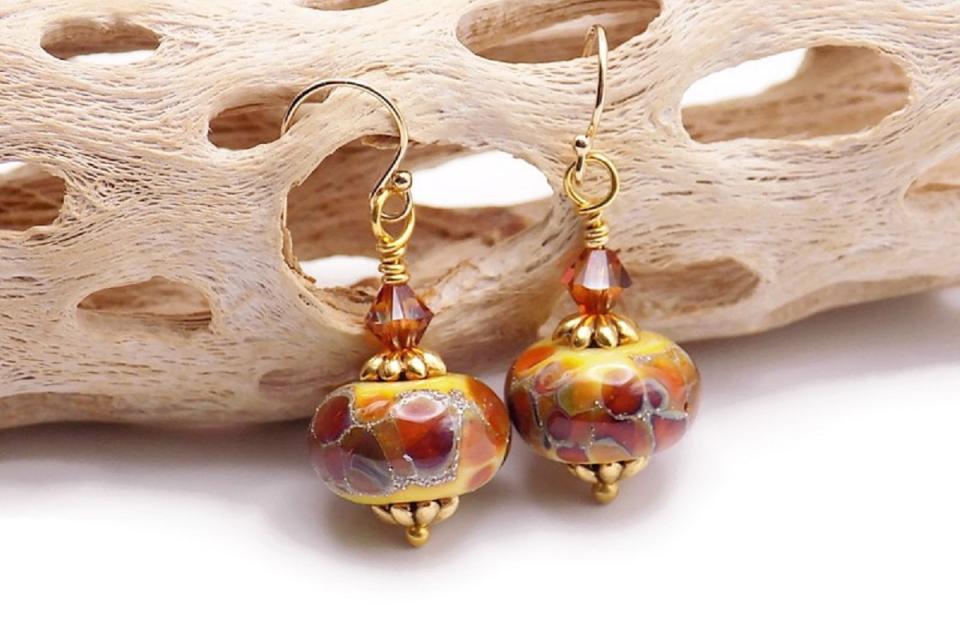  Carmel Gold Lampwork Glass Earrings Handmade Autumn Jewelry