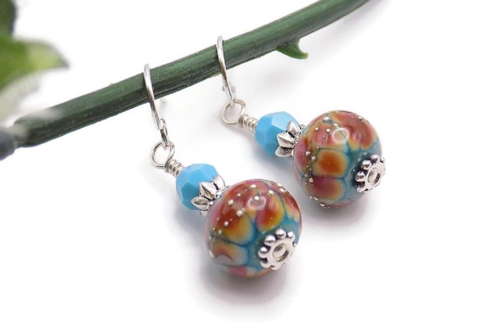 Turquoise and Amber Lampwork Earrings Handmade Autumn Jewelry  