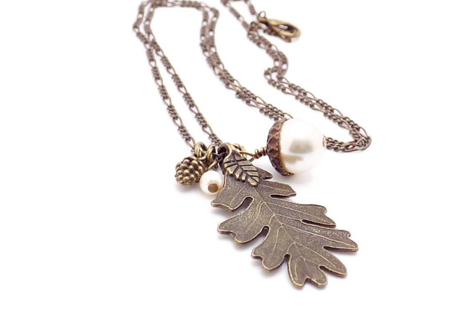 Bronze Oak Leaf and Acorn Necklace with Swarovski Pearls Nature-Inspired Jewelry