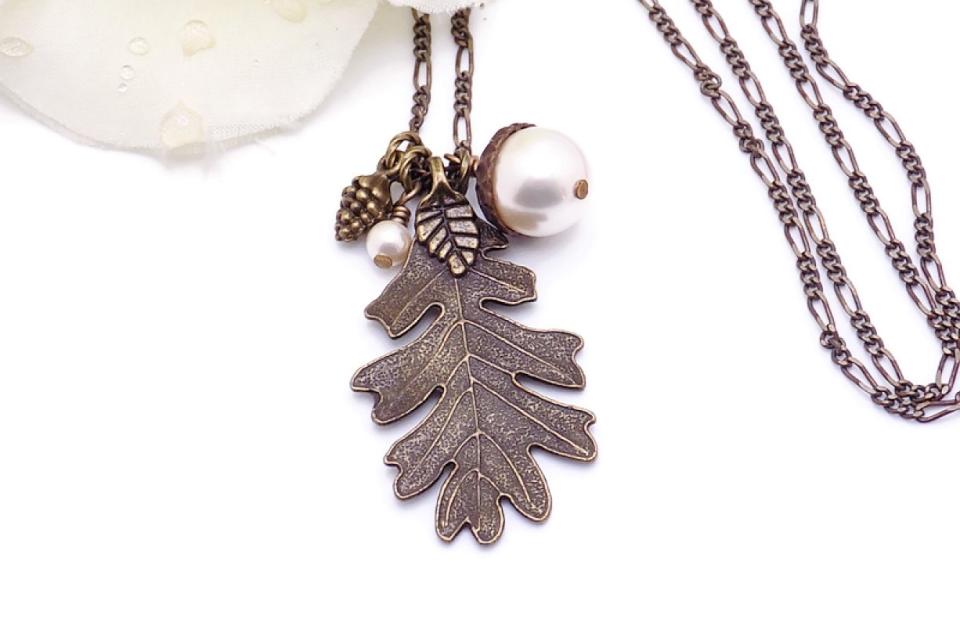 Bronze Oak Leaf and Acorn Necklace with Swarovski Pearls Nature-Inspired Jewelry