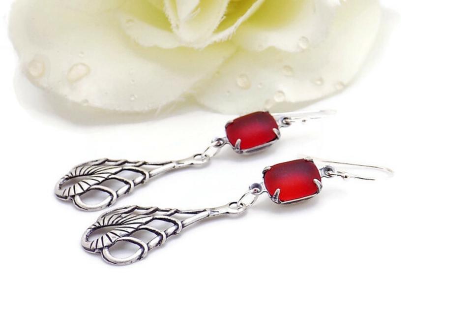  Cherry Red Vintage Rhinestone Earrings, Art Nouveau Filigree Teardrops Handmade Jewelry
