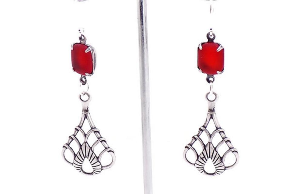  Cherry Red Vintage Rhinestone Earrings, Art Nouveau Filigree Teardrops Handmade Jewelry