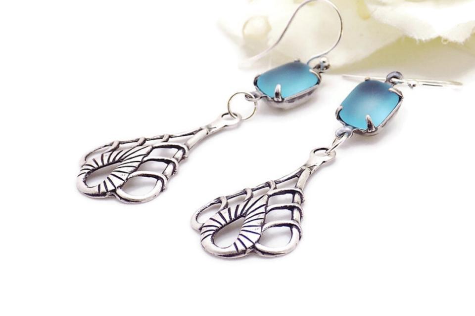  Aqua Blue Vintage Rhinestone Earrings, Art Nouveau Filigree Teardrops Handmade Jewelry